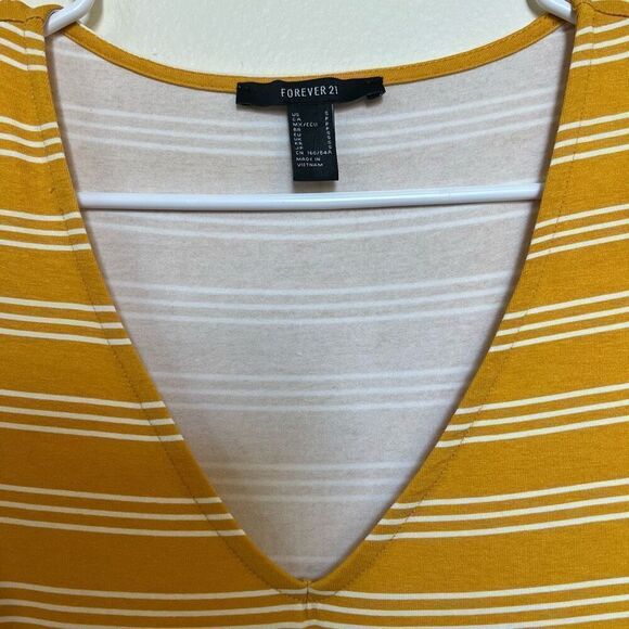 Mustard Yellow Striped Bodysuit Short Sleeve Deep V Neck Shirt S Forever 21 - Picture 5 of 5